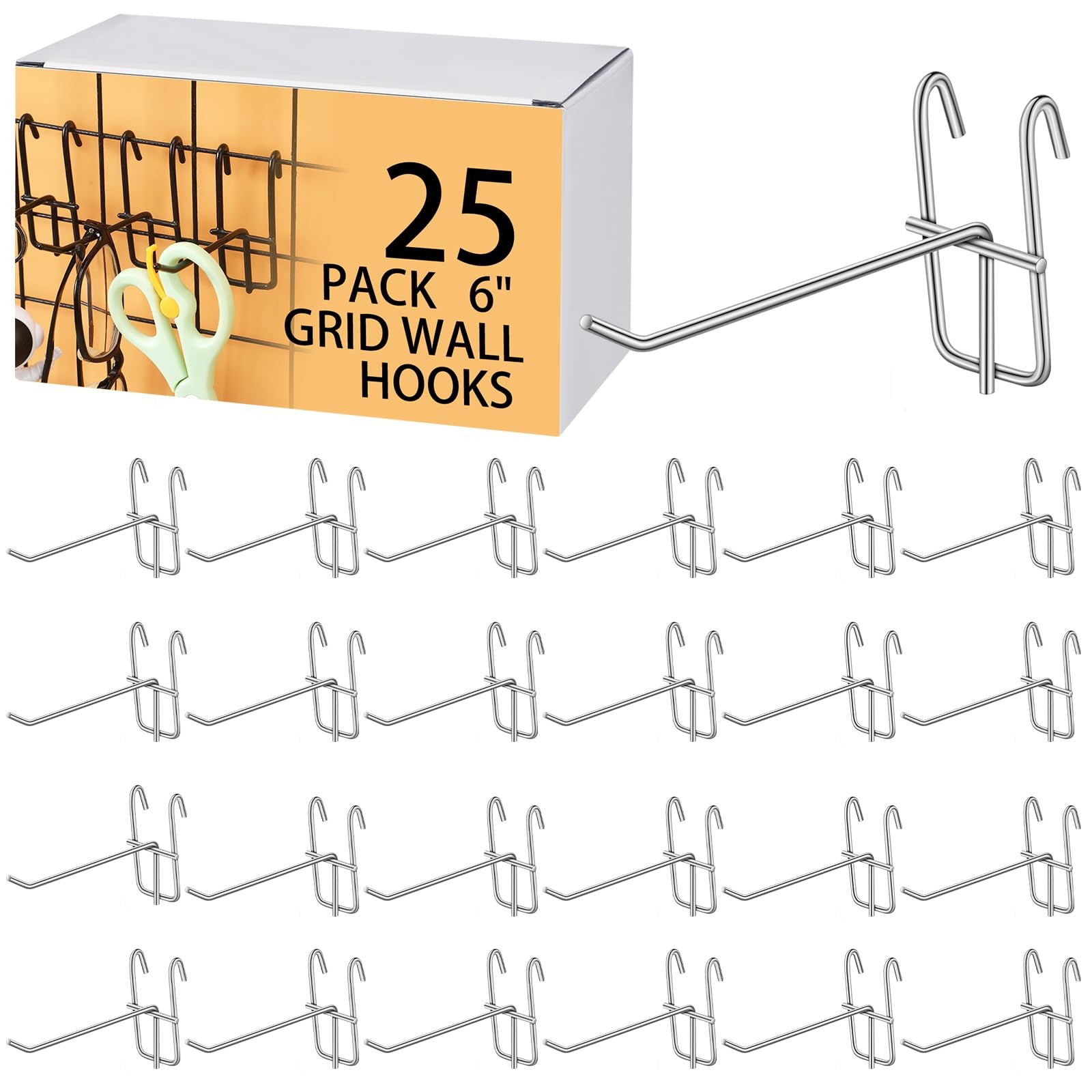 25 PCS 6 Inch Silver Grid Wall Panel Hooks Display Retail Garage Hangers