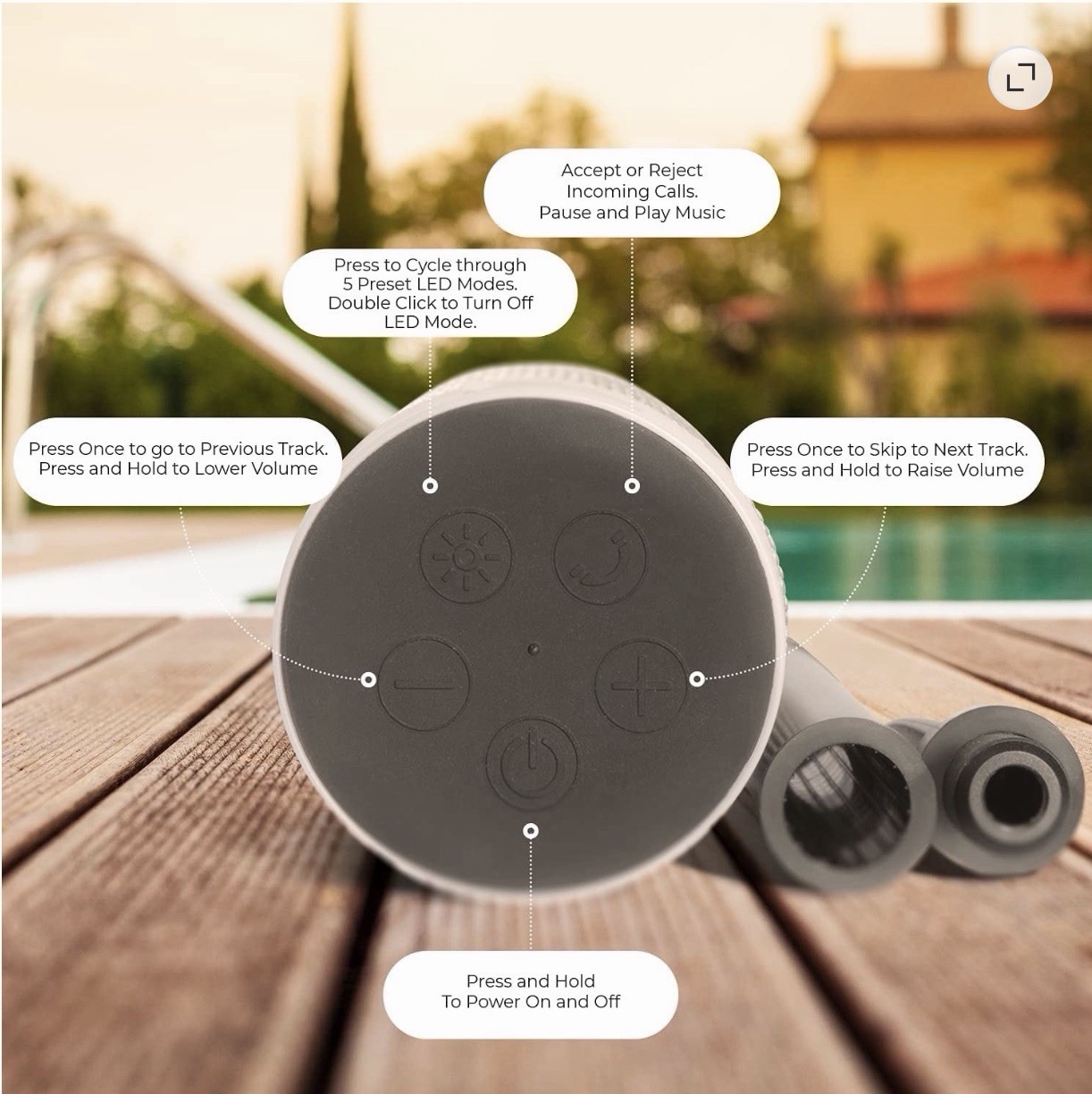 iJoy TIKI+ Bluetooth Waterproof LED Lighting Portable Speaker, White, Stake