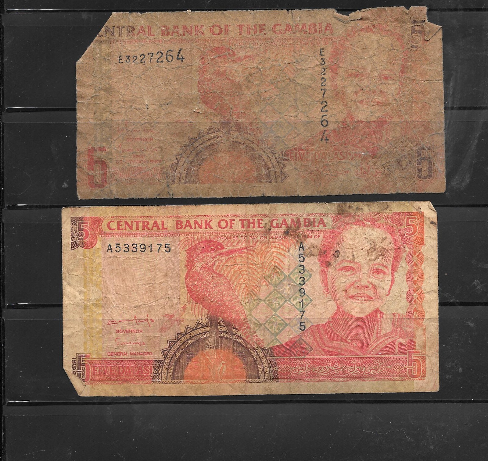 GAMBIA 2 DIFFERENT AG CIRCULATED BANKNOE PAPER MONEY CURRENCY NOTE BILL