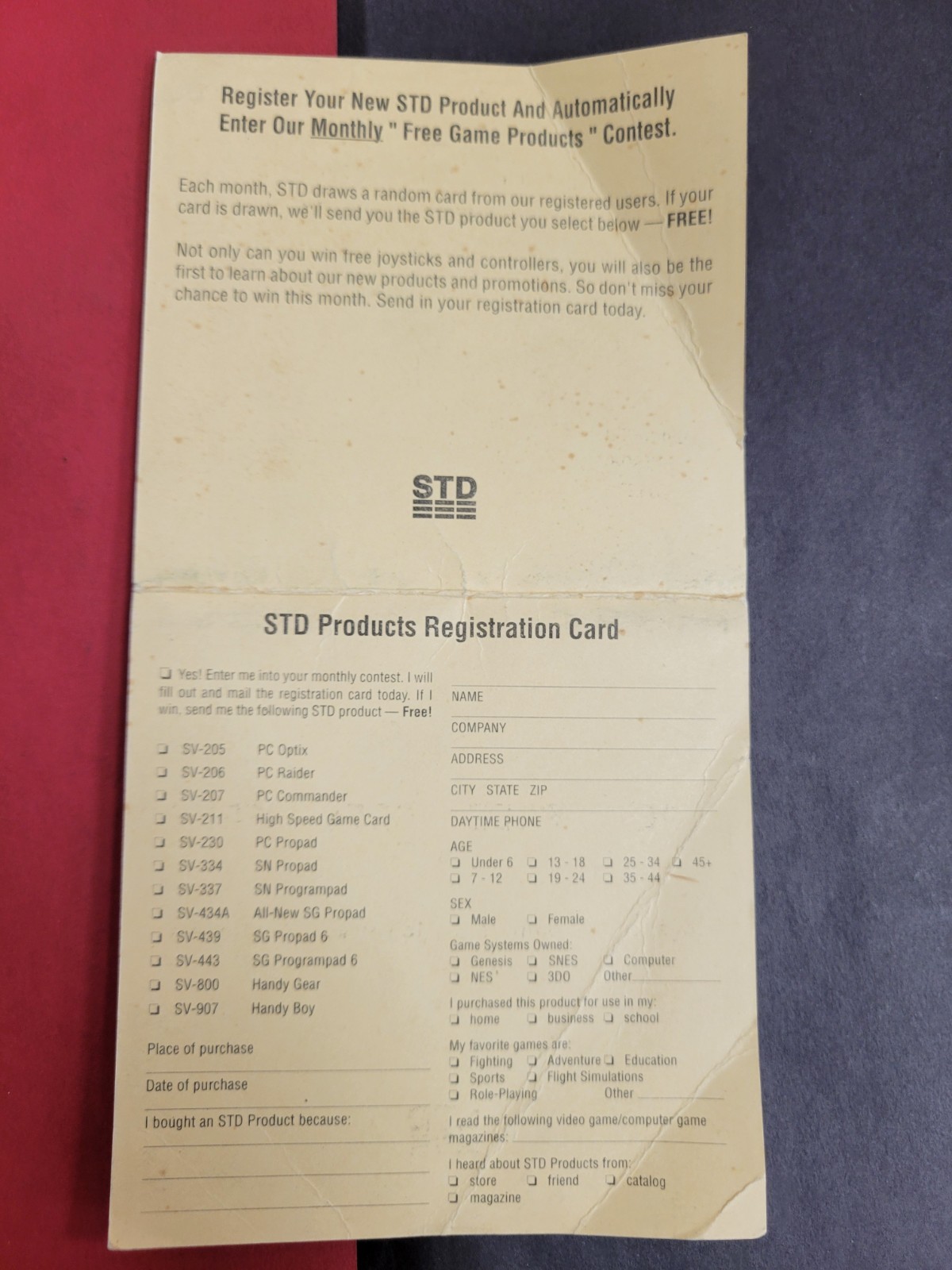 STD Product Registration ProPad Mail In Card ONLY Insert Authentic Booklet