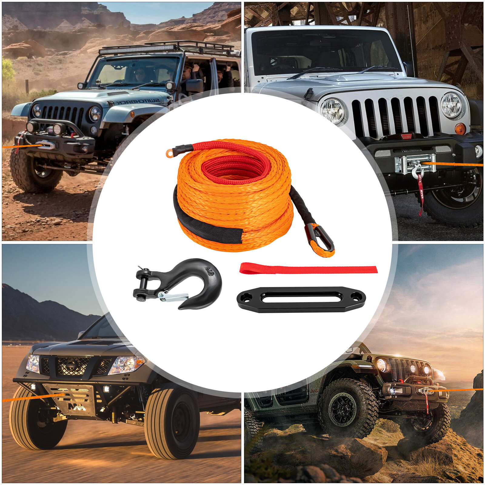 3/8" 100 FT Synthetic Winch Rope Winch Line Cable Rope with Winch Hook Fairleads