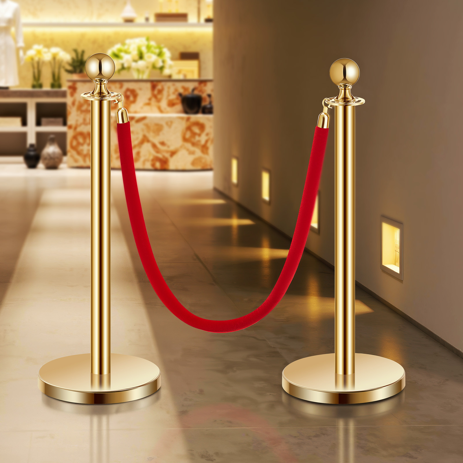 4 Pcs Gold Stanchion Post 2 Red Velvet Ropes Sand Injection Hollow Base