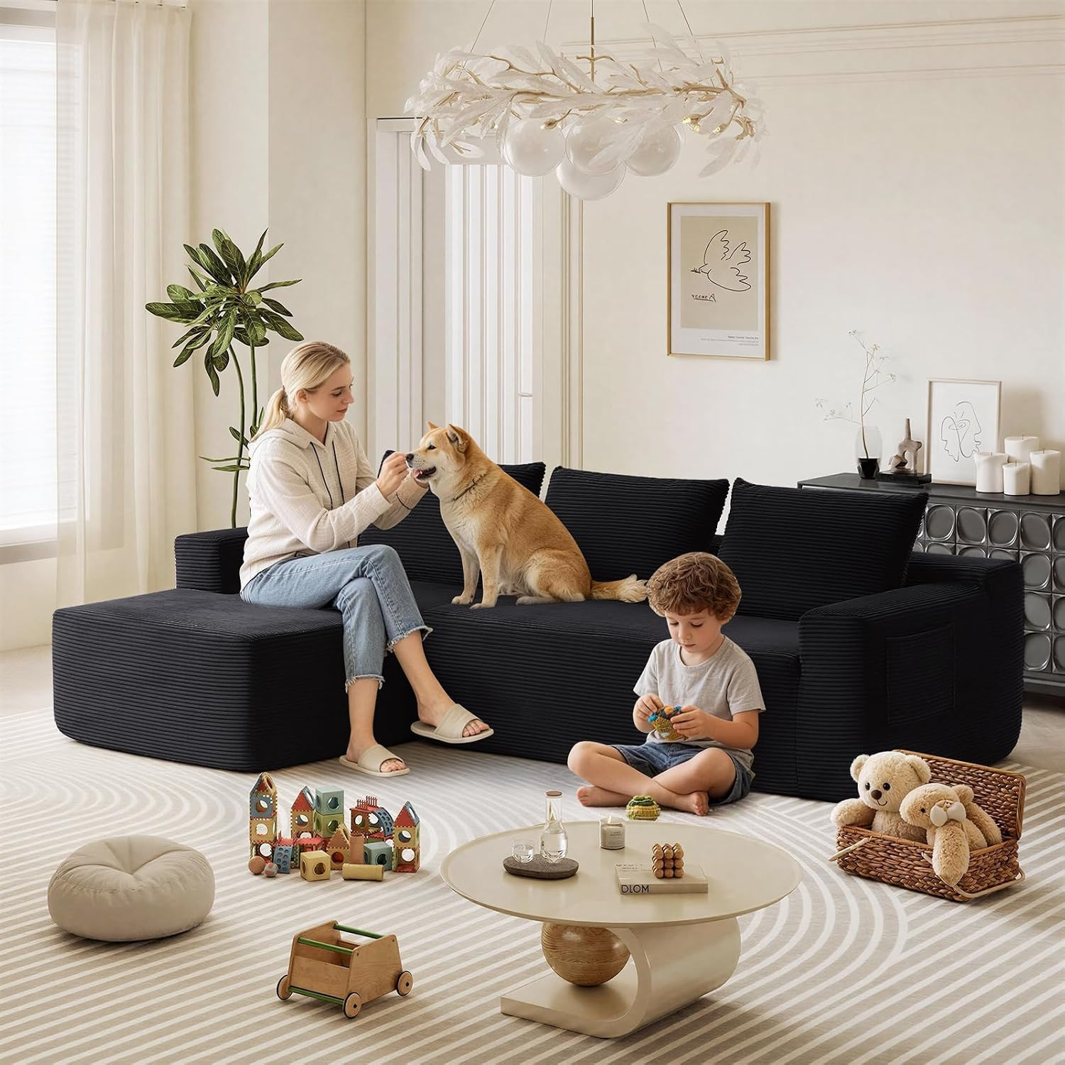 96.9 Inch Boneless L-Shaped Sectional Sofa, No Assembly Compressed Modular Couch