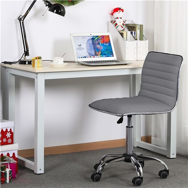 Low Back Armless Office Chair, PU Leather Ribbed Armless Swivel Task Chair Grey