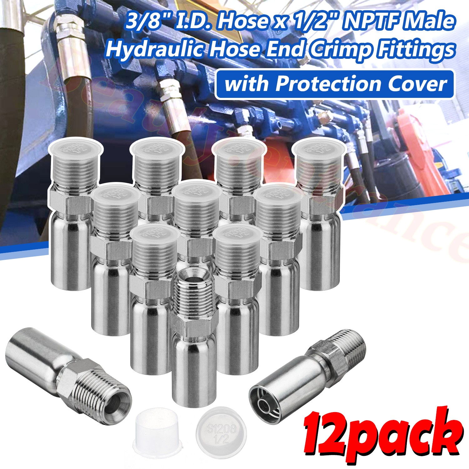 12 Pack Hydraulic Hose Fittings, 3/8" I.D. Hose X 1/2" NPTF Male with Protection