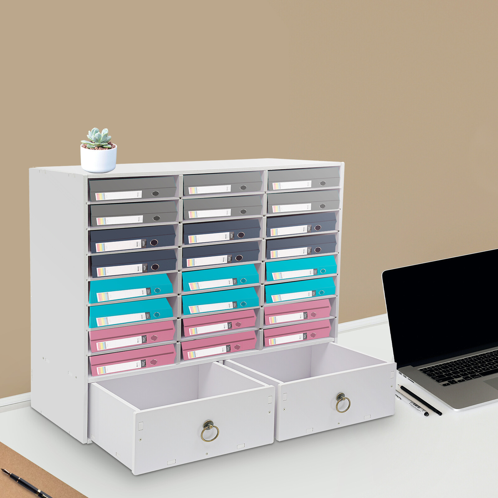 24 Compartments Paper and Mail Organizer Storage Cabinet and 2 Drawers