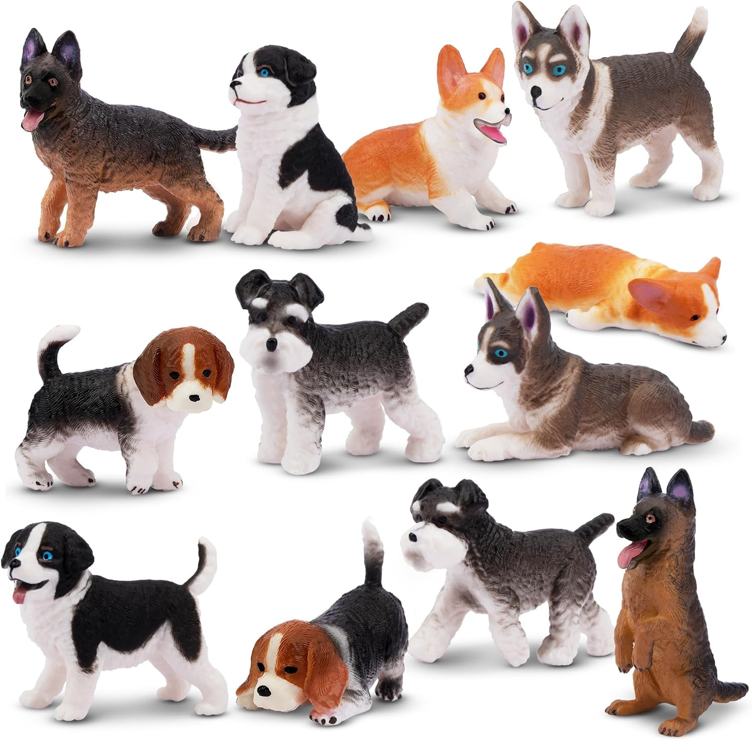 12PCS Dog Figurines Playset, Realistic Detailed Plastic Puppy Figures, Hand Pain