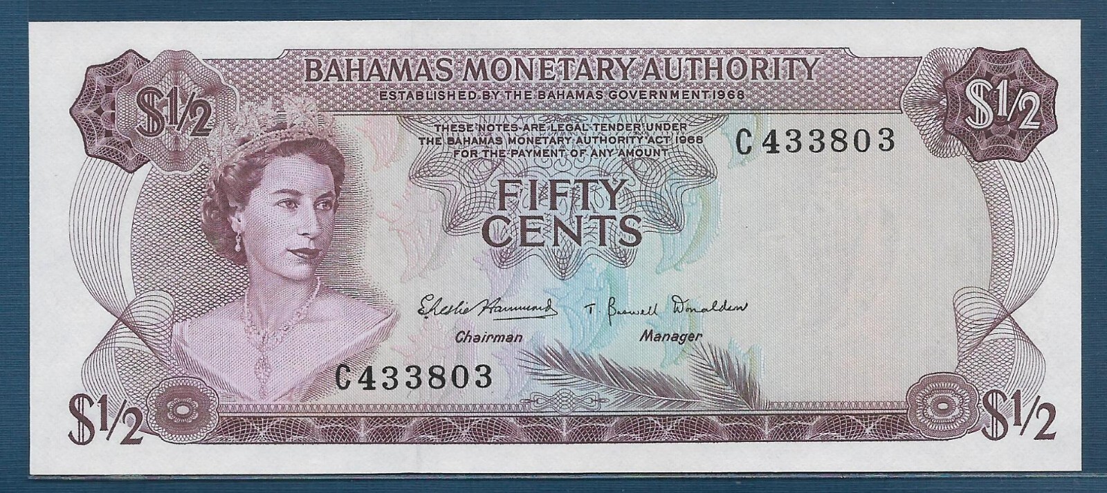 Bahamas 1/2 Dollar (50 Cents), L 1968, P 26, UNC