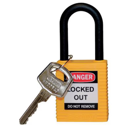 Brady 123327 Lockout Padlock, Keyed Different, Nylon, Yellow, 1 1/2 In Shackle