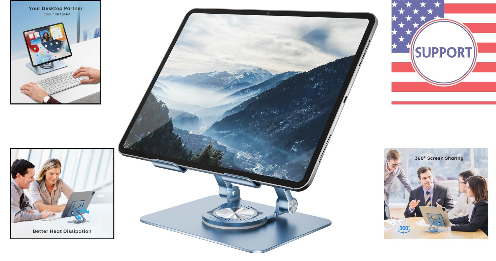 Universal Tablet Stand with Adjustable Height & 360° Swivel Base - Blue Elegance