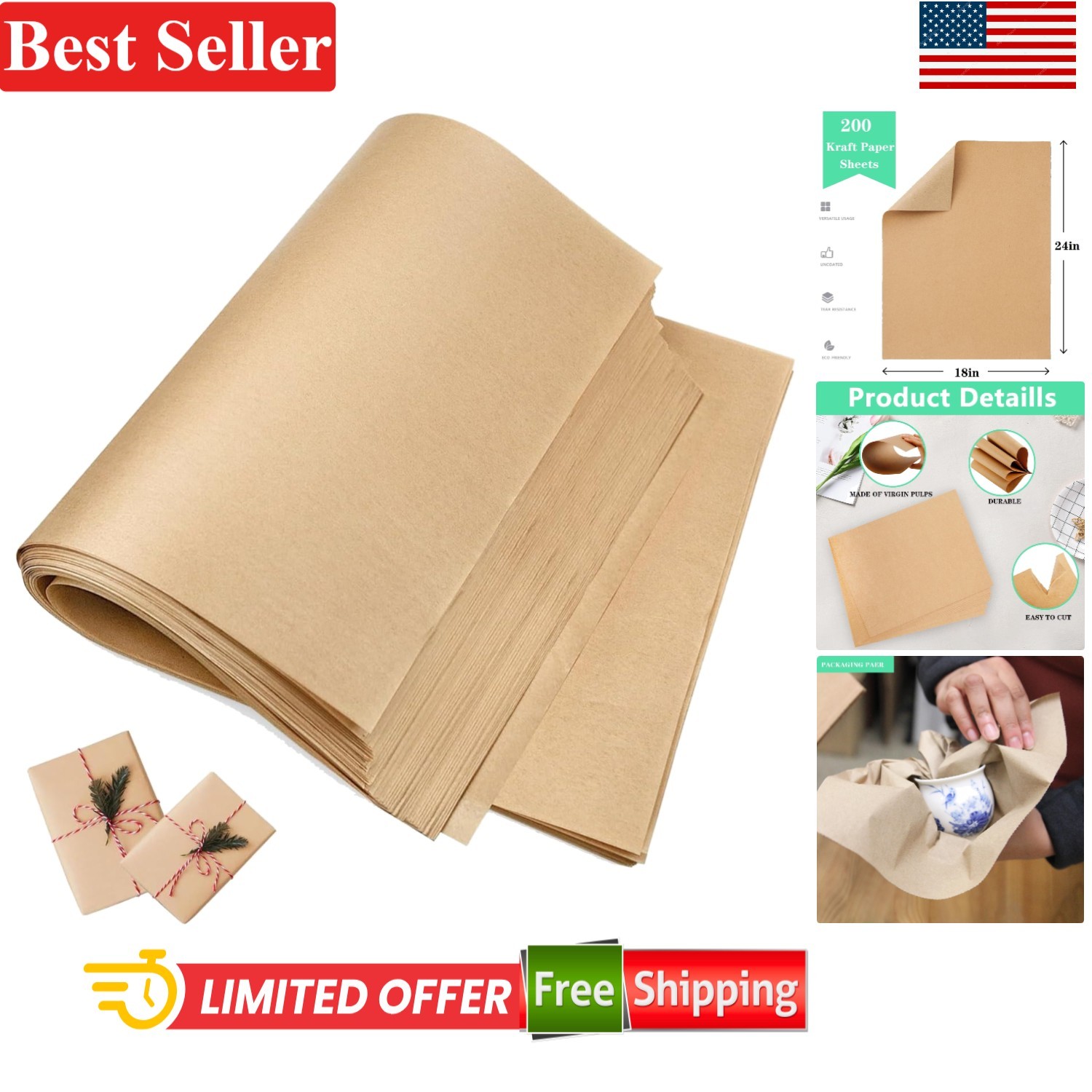 70gsm Eco-Friendly 18”x 24” Brown Kraft Paper – 200 Sheets for Arts and Wrapping