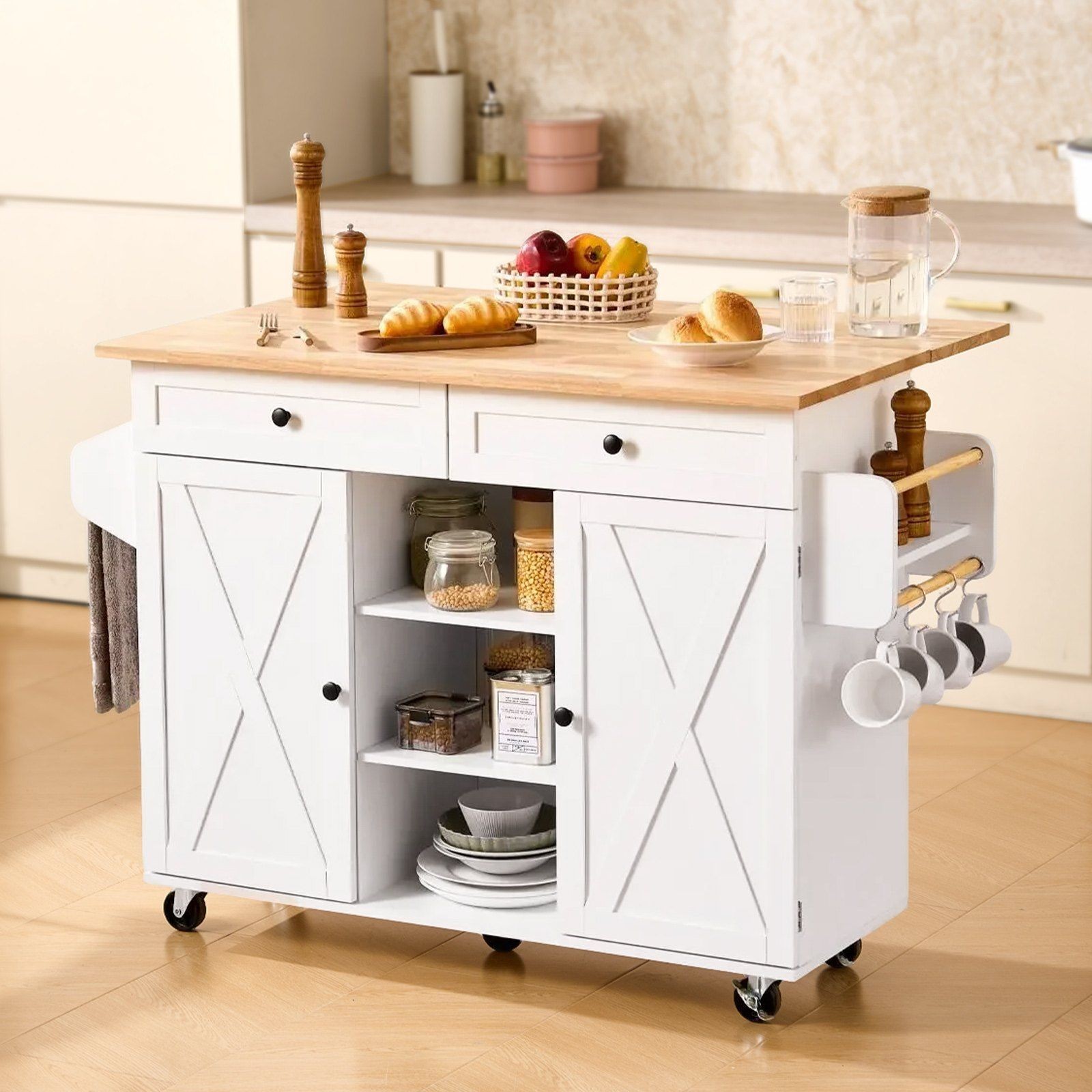 52in Rolling Kitchen Island Cart Storage Cabinet Table with Drawer & Drop Leaf