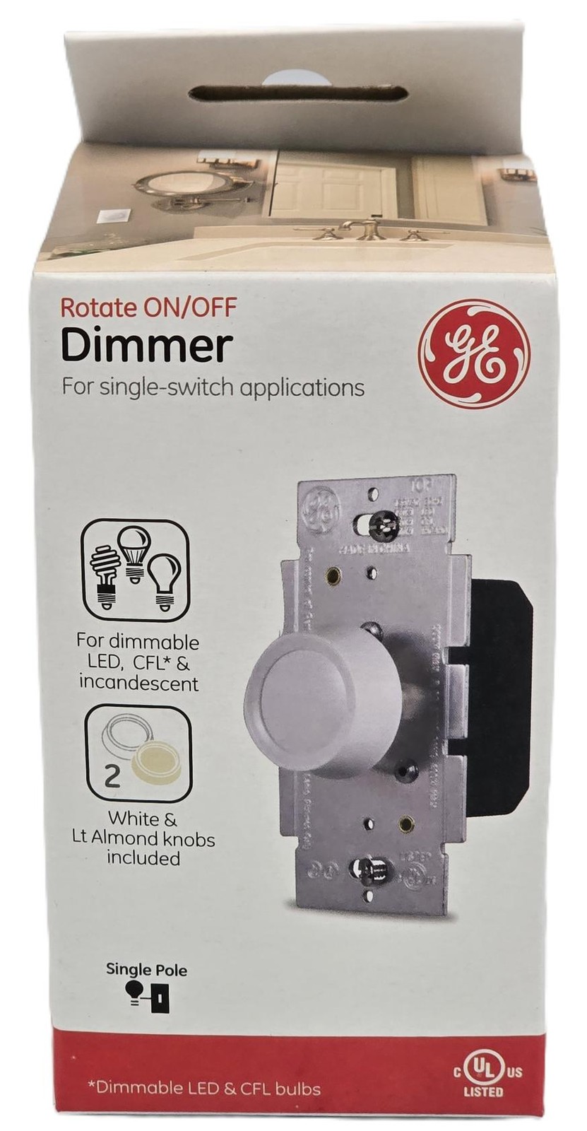 GE Rotary Dimmer Switch Single Pole White/Almond LED CFL Incandescent 18021