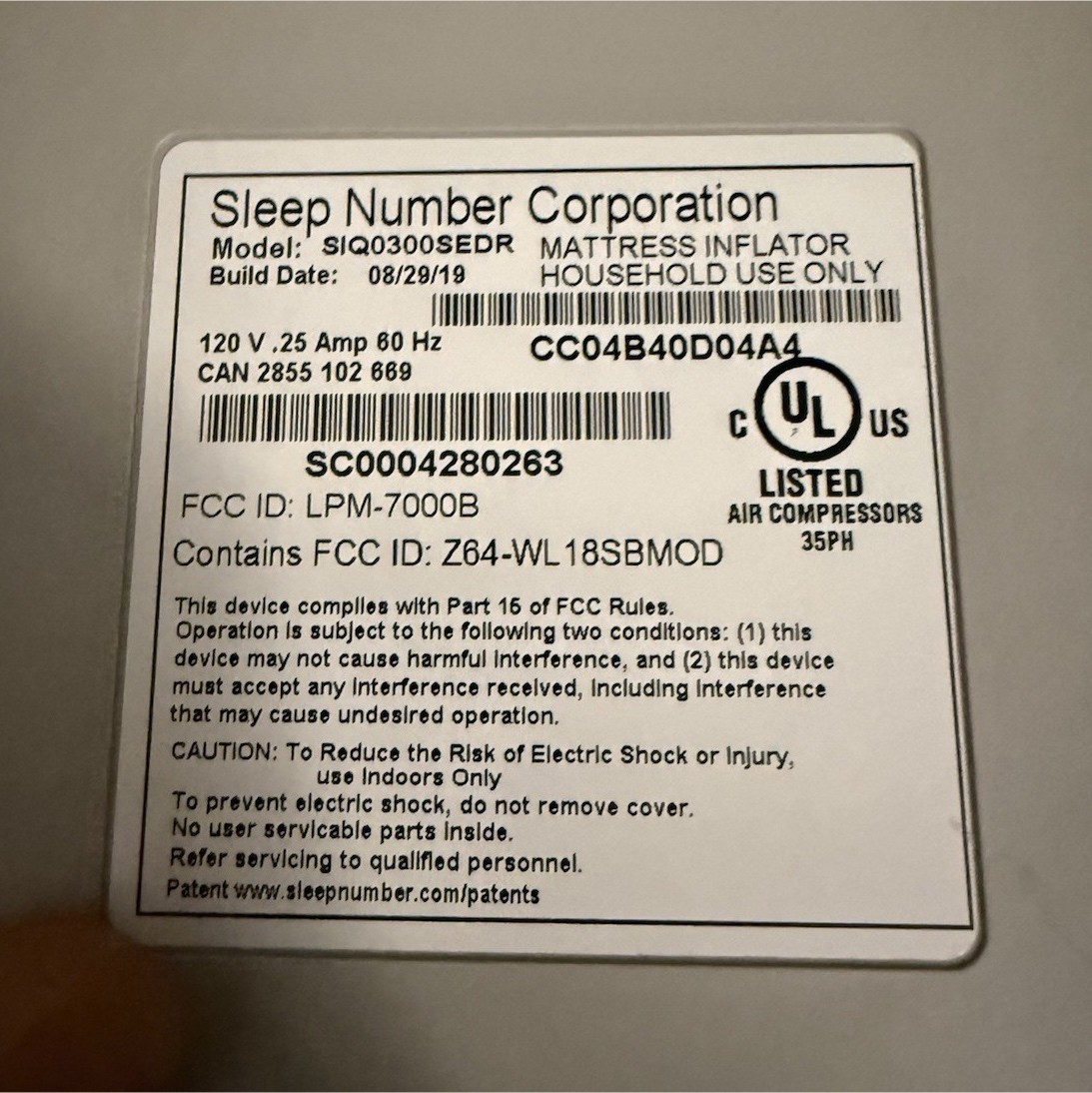 Sleep Number Corporation Mattress Inflator SIQ0300SEDR Gray Use Indoors Only