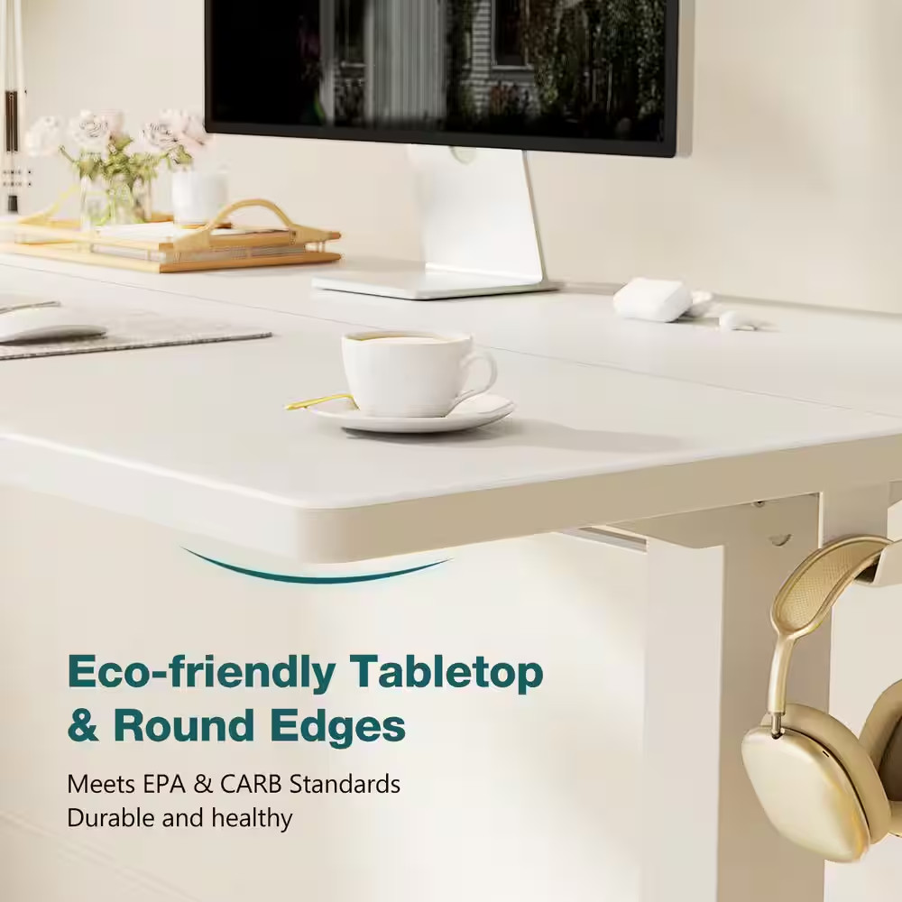 48 In. Rectangular White Wood Electric Standing Desk with Hooks and Wire Holes