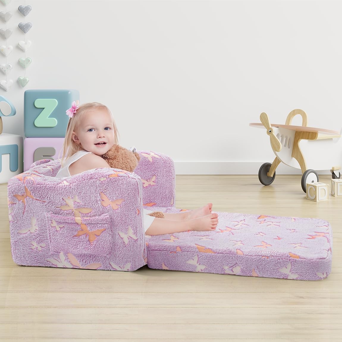Kids Toddler Chair, 2-in-1 Toddler Couch Fold Out, Convertible Chairs for Tod...