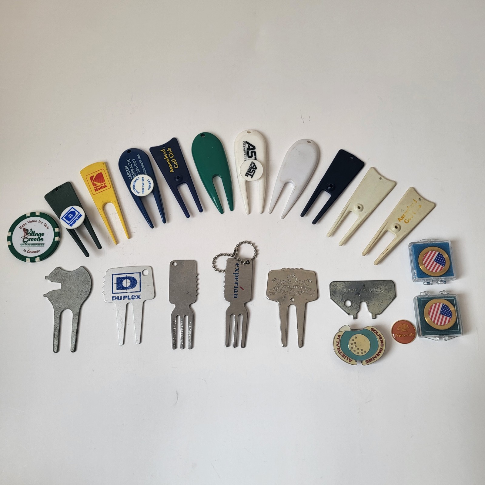 Golf Accessories Lot of 21 Divot Repair Tools Markers Metal Plastic Advertising
