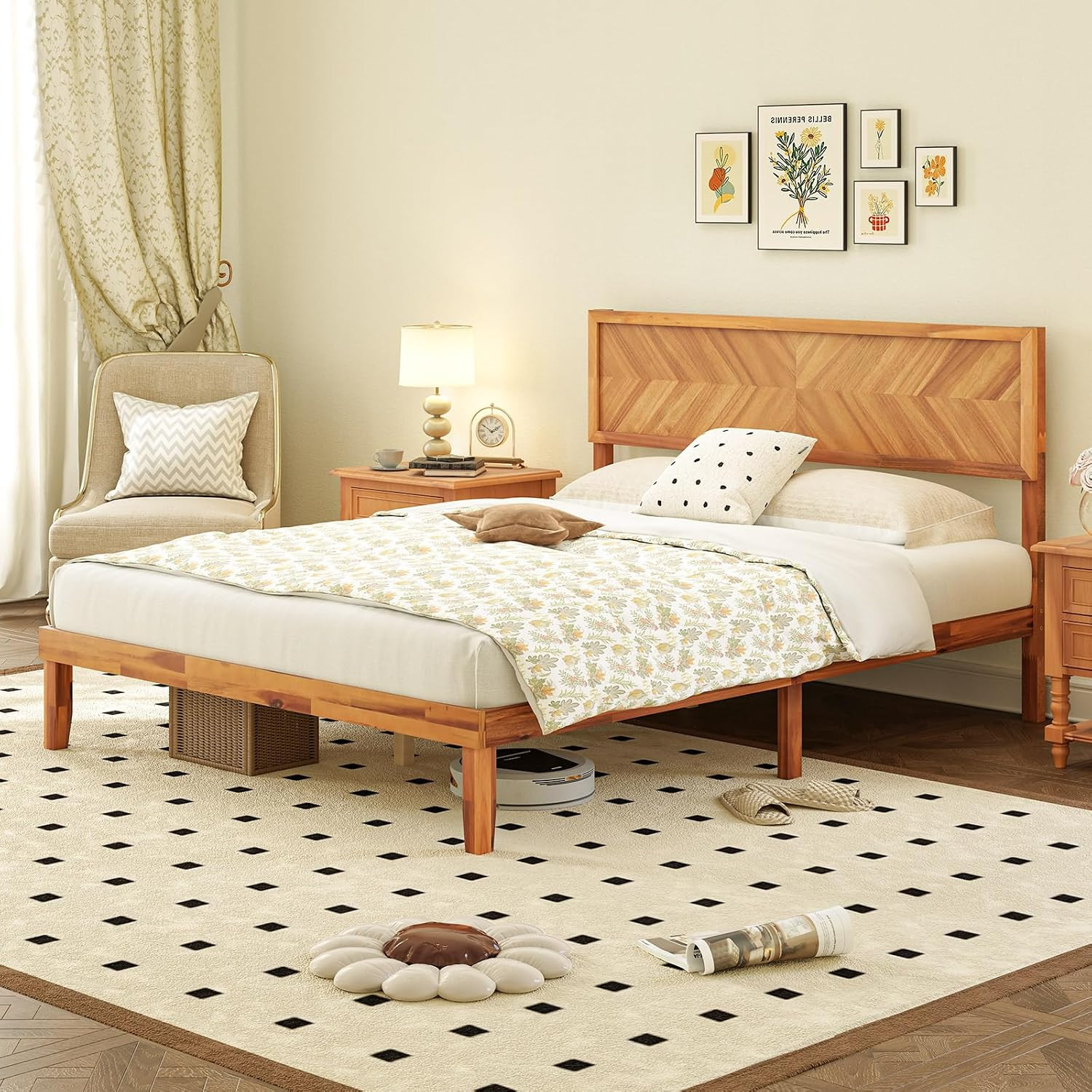 Wood Queen Bed Frame with Headboard, Solid Acacia Wood Platform Bed with 12 Stro