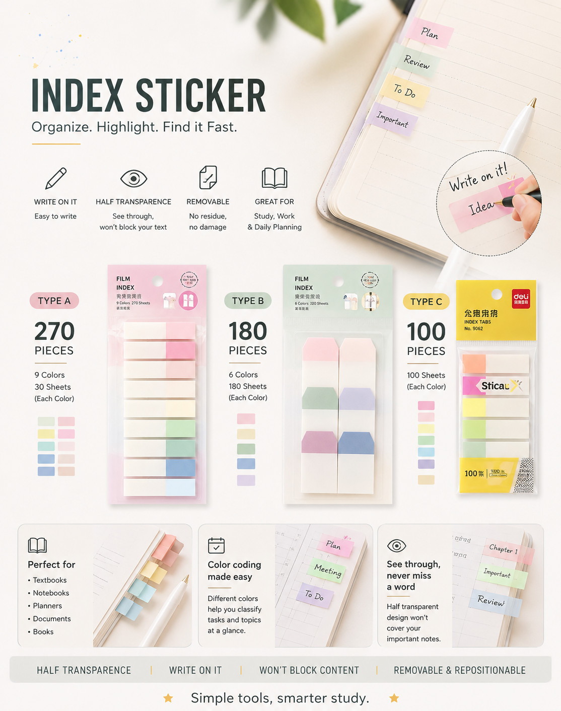Index Tabs, Page Flags, Sticky Index Tabs  . writable, removable.Semi-transparen
