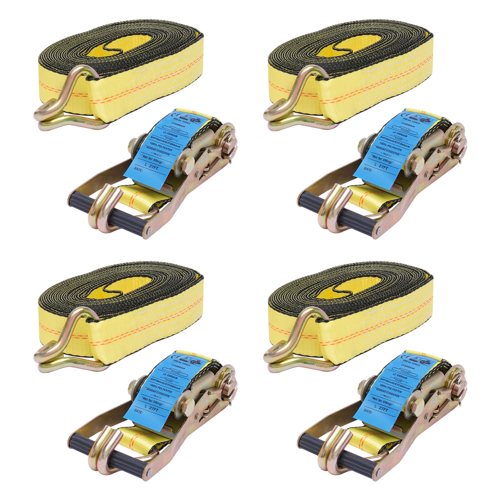 4Pack 2"x27' Ratchet Straps Heavy Duty Tie Down Strap 10000 lbs w/Double J Hook