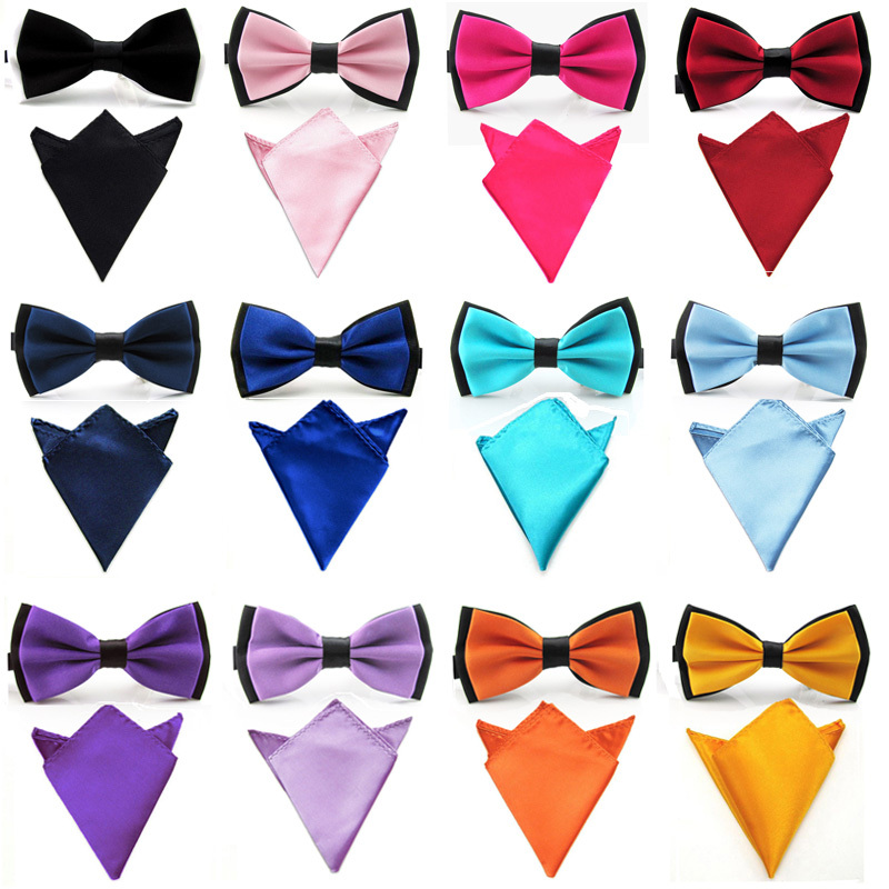 Mens Solid Plain Satin Bowtie Bow Tie Pocket Square Handkerchief Set BWT004