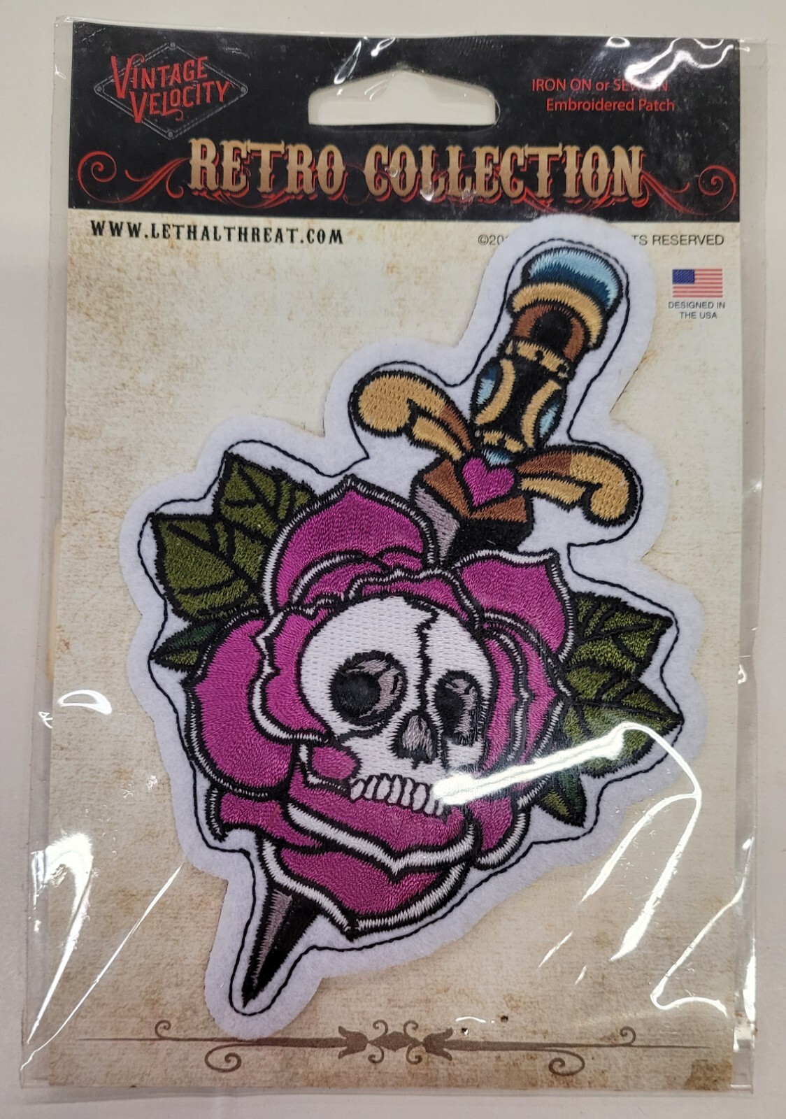 NEW LETHAL THREAT RETRO COLLECTION ROSE DAGGER SKULL PATCH 5"x4" VS13011