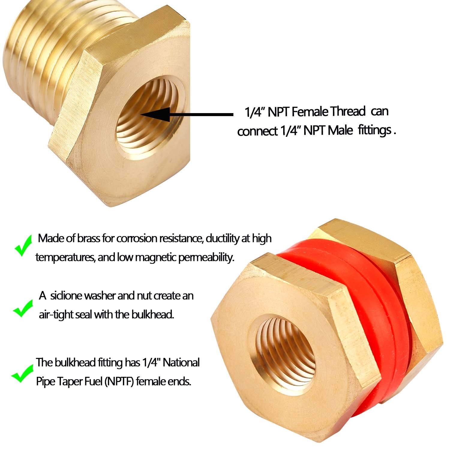 2 PCS Brass Bulkhead Coupling Both End 1/4" NPT Female,Outer Diameter