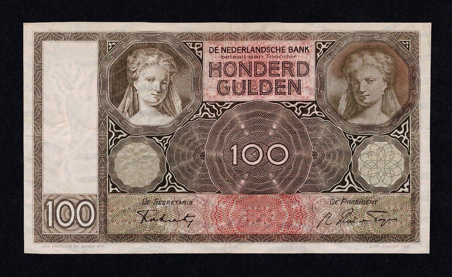 NETHERLANDS 100 GULDEN 16-05-1941 P#51b.7 VF++ attraktive