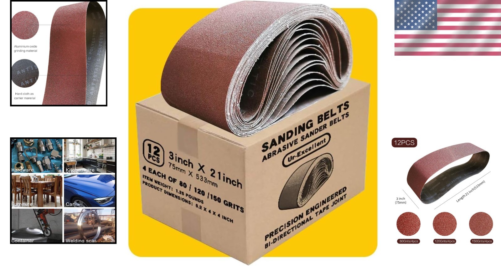 Professional 3x21 Sanding Belts: 12-Piece Aluminum Oxide Pack for Versatile Use