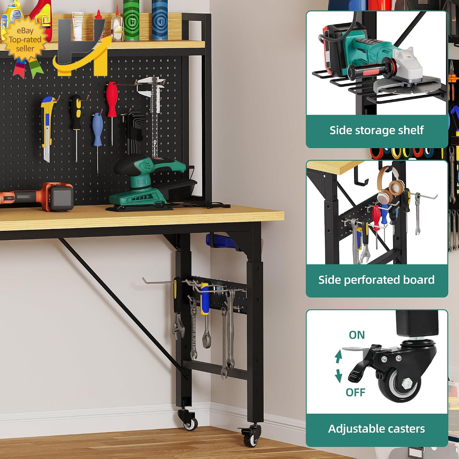 60In Adjustable Workbench with Pegboard & Wheels 1600Lb Load Rolling Work Table
