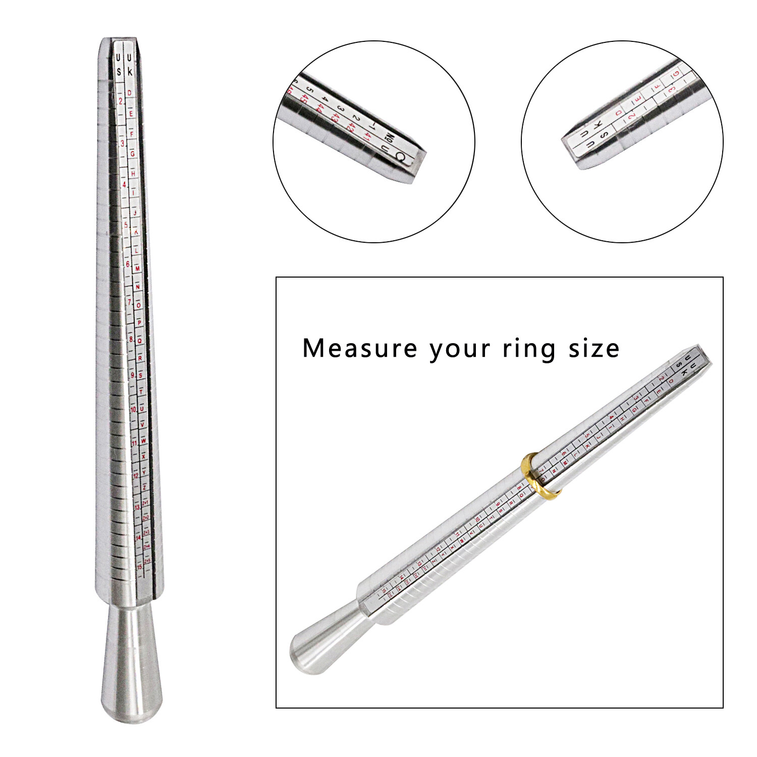 Silver Ring Sizer Finger Sizing Measuring Stick Metal Ring Mandrel US Size 1-15