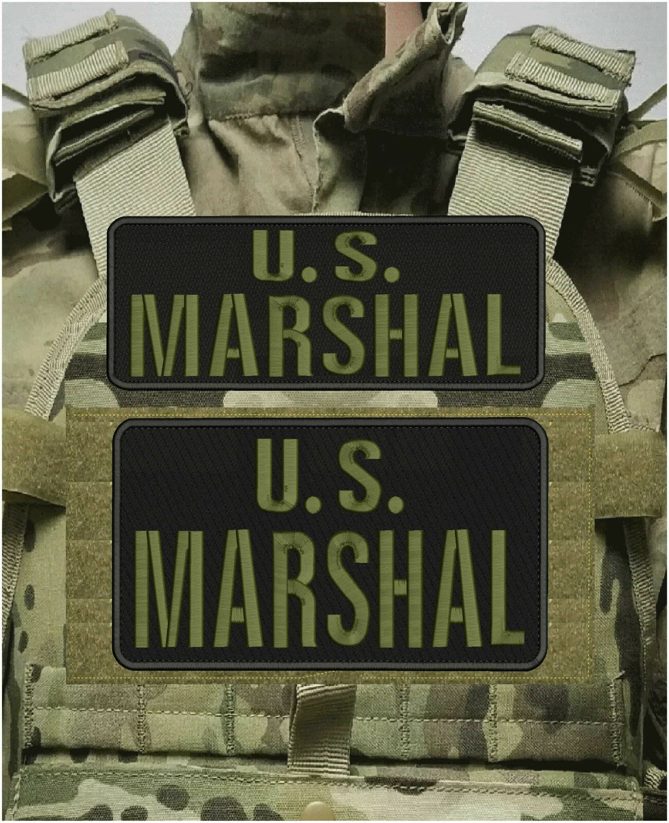 U  S   MARSHAL EMBROIDERY PATCH 6X11 AND 4X11 HOOK ON BACK BLK/OD GREEN