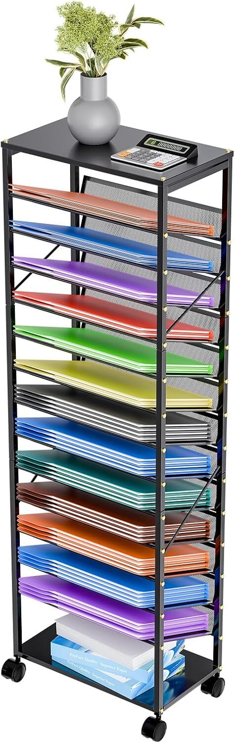 15 Tier Rolling File Cart, Mobile Desk File Organizer with Metal Mesh Paper Lett