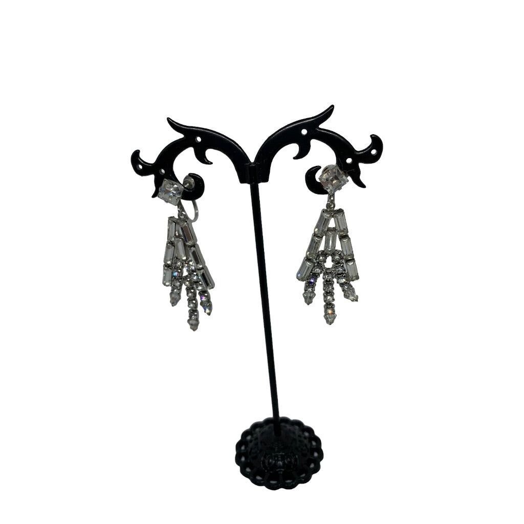 Vintage Rhinestone Earrings Dangle 2" Drop Screwback Non-Pierced