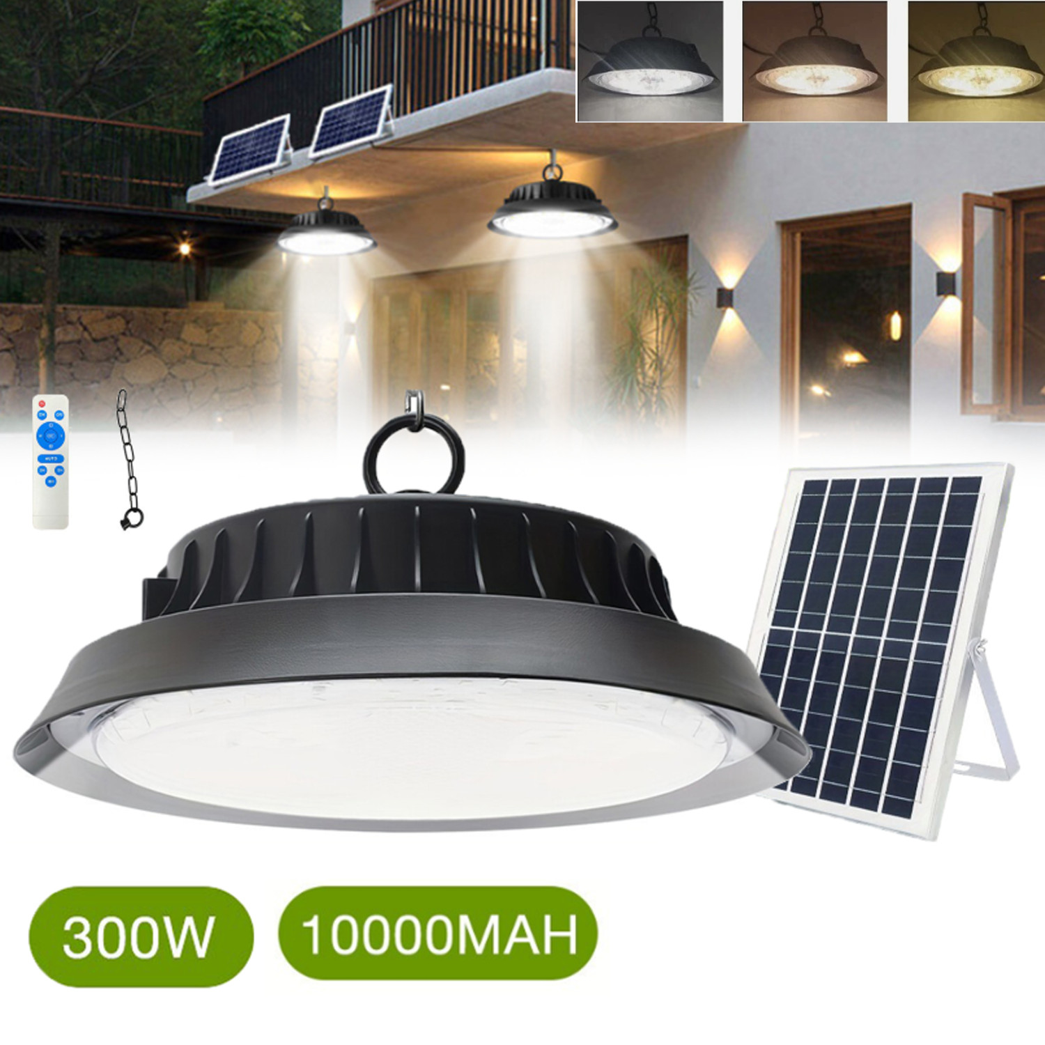 300W Solar Pendant Light Out/Indoor Hanging Light Waterproof for Barn Shed Light