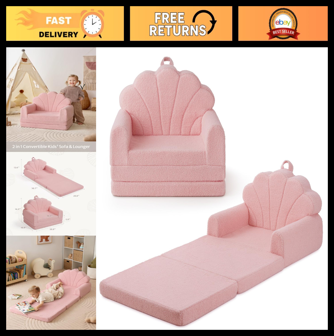 Cozy 2-in-1 Toddler Couch & Lounger, Soft Kids Chair for Playroom, Pink Shell
