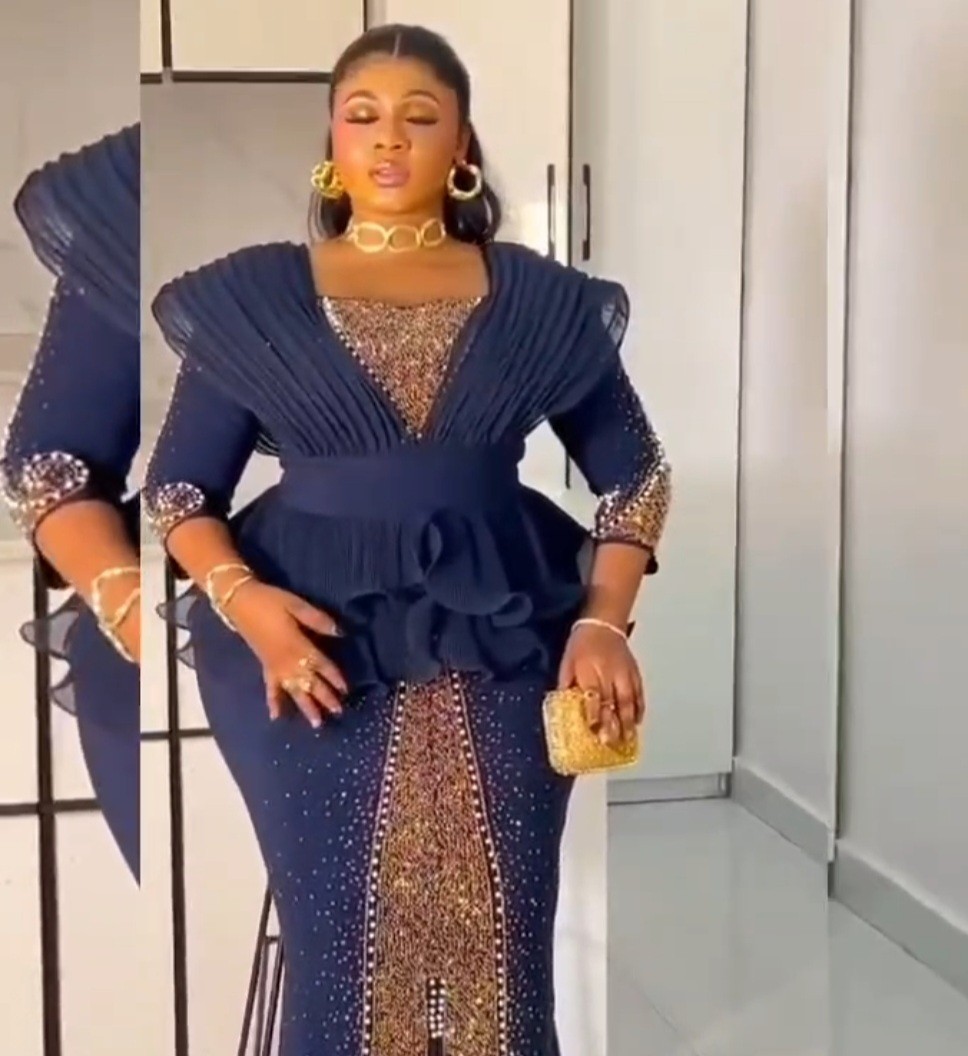 Navy Blue Kaftan Dress with Gold Embellishments for Women