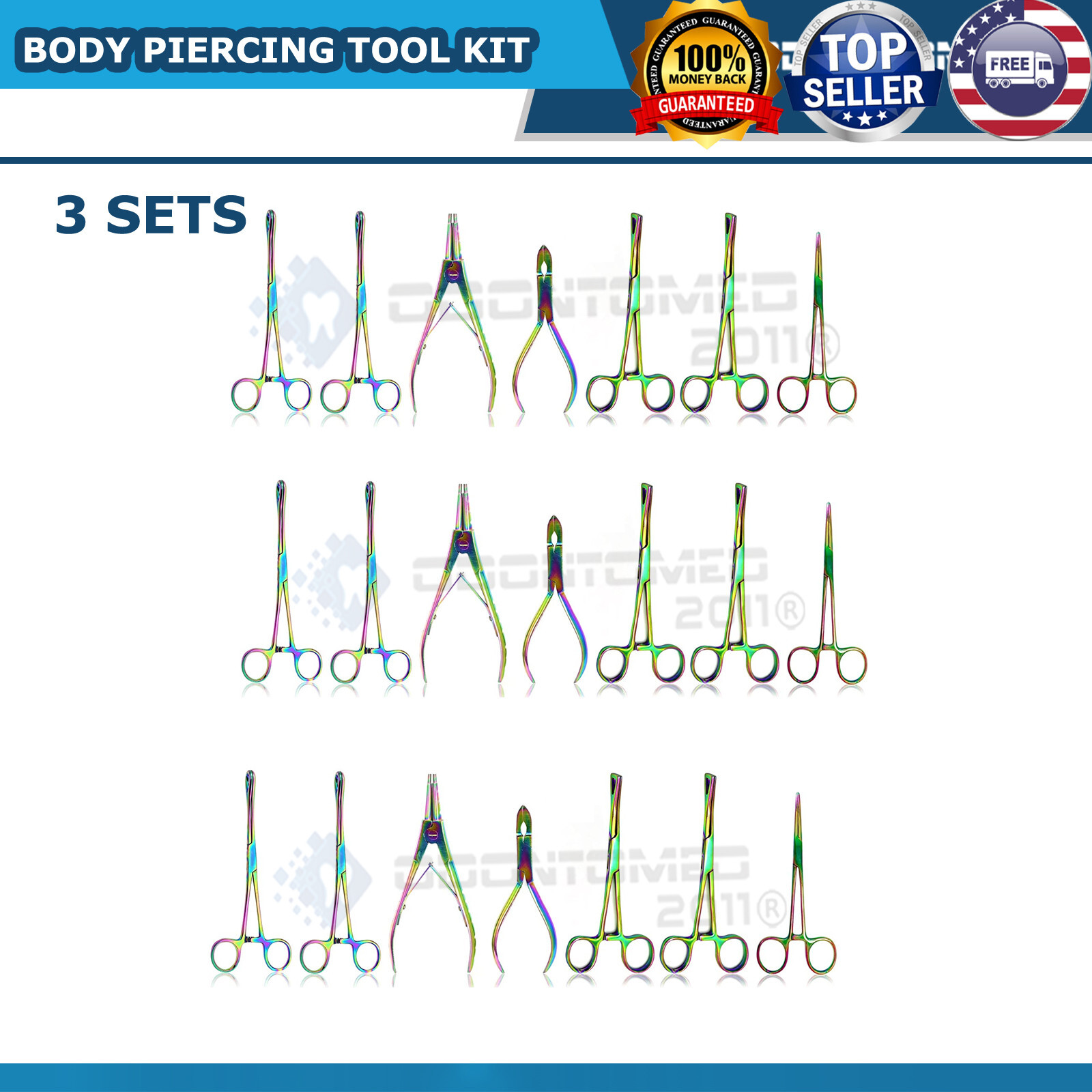 3 SET PROFESSIONAL 7 Body Piercing Instruments Kit Tools Penington Forcep MULTI