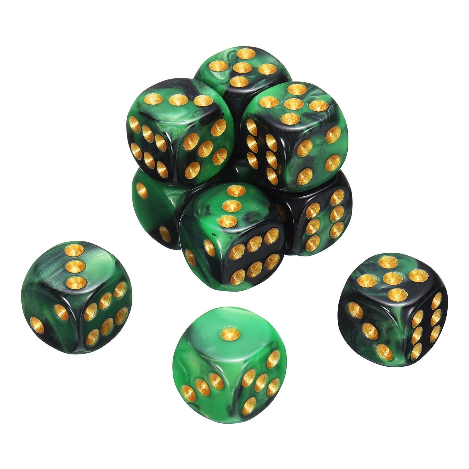 10Pcs 6 Sided Standard Dice, Acrylic D6 Pearl Pattern Dice (Green and Black)
