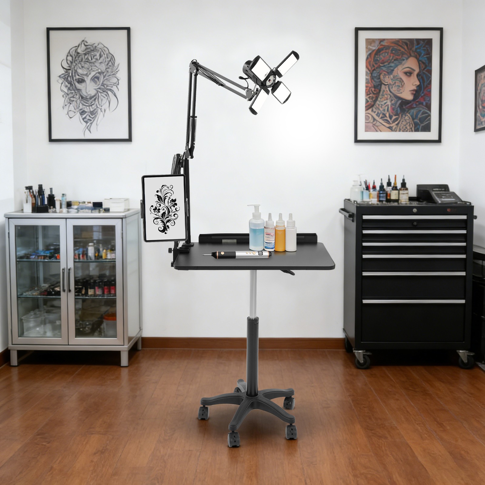 Black Salon Rolling Workstation With Led Light Adjustable Height Workstation