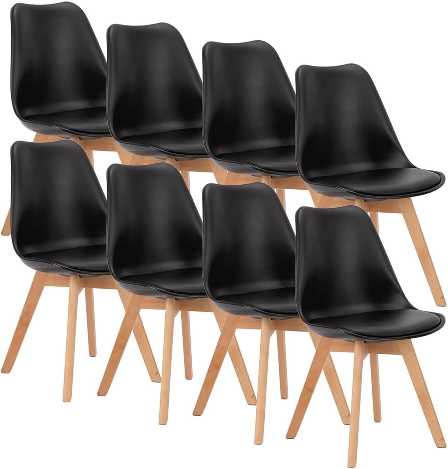 Dining Chairs Set of 8 Wood Legs PU Leather Cushion Mid Century Modern Black for