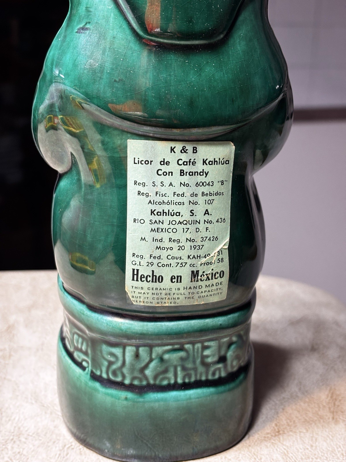 Vintage Kahlua Mayan Aztec Figural Ceramic Decanter Green Mexico Empty 757cc