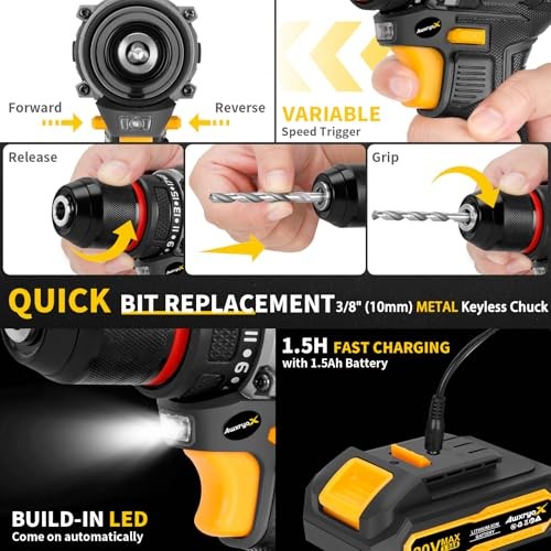 Brushless Compact Drill Tool Set, 60N.m 20V Cordless Drill Tool Box with Gray