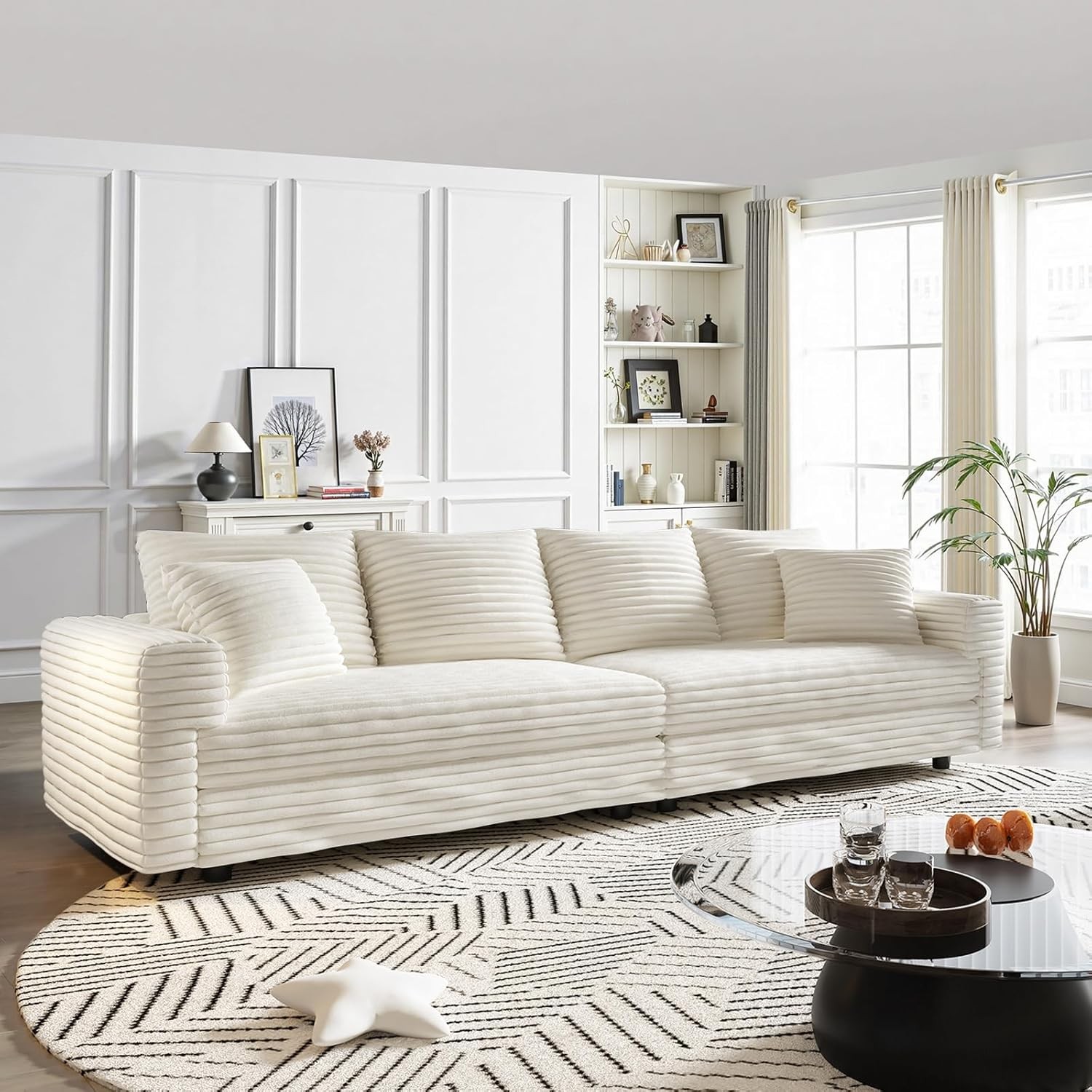 102.4" Cloud Sectional Couch Deep Seat Plush Corduroy Sofa W/6 Soft Pillows