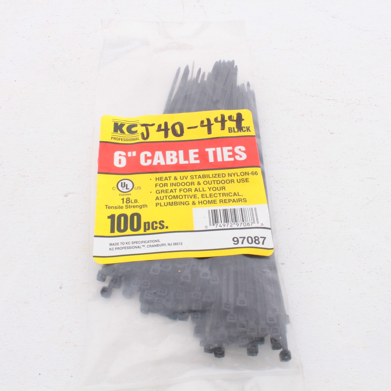 100-Pack KC Professional 97087 6" Black Cable Tie Nylon 18 LB Tensile Strength