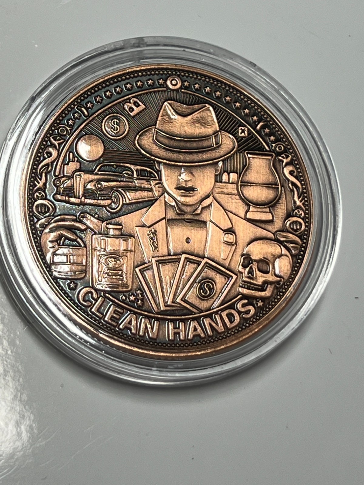 1oz 999 Copper AVDP Al Capone"Clean Hand=Dirty Money" Antique Round in capsule