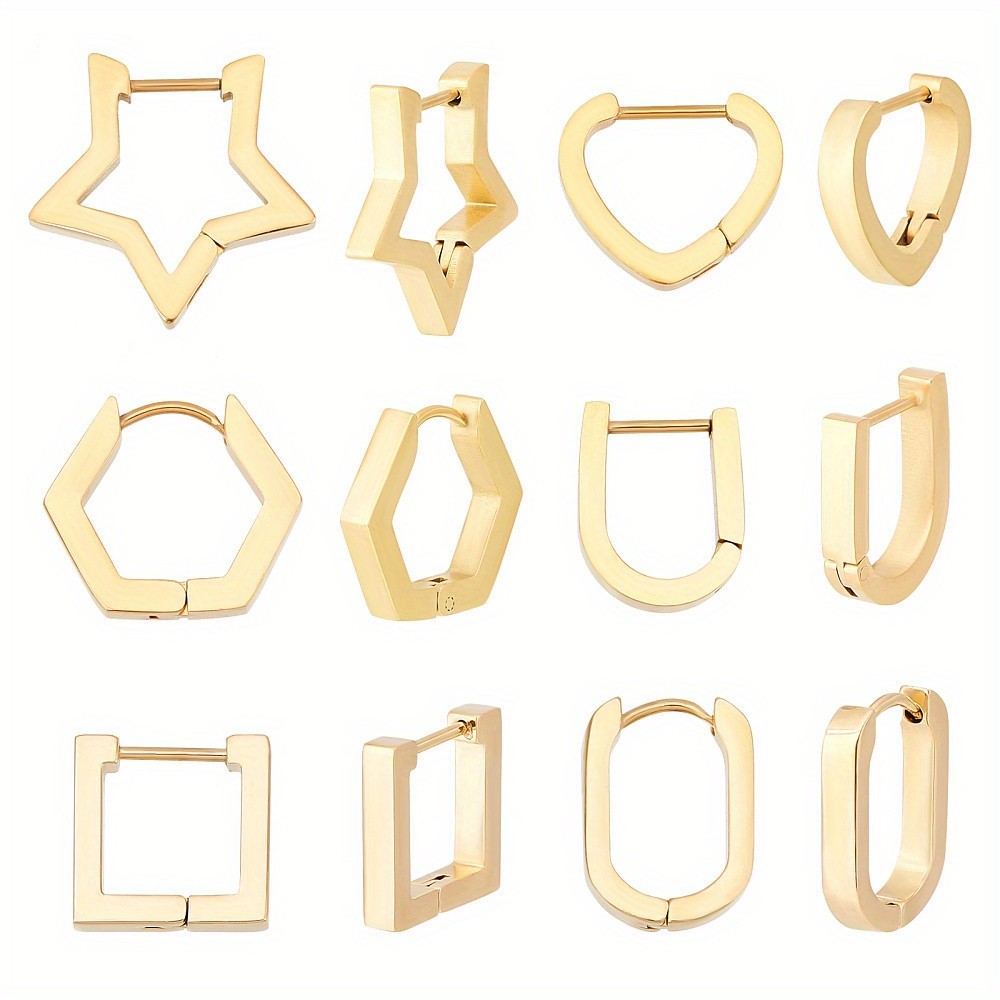 1box 6 Pairs 6 style Stainless Steel Huggie Hoop Earrings Oval/Hexagon