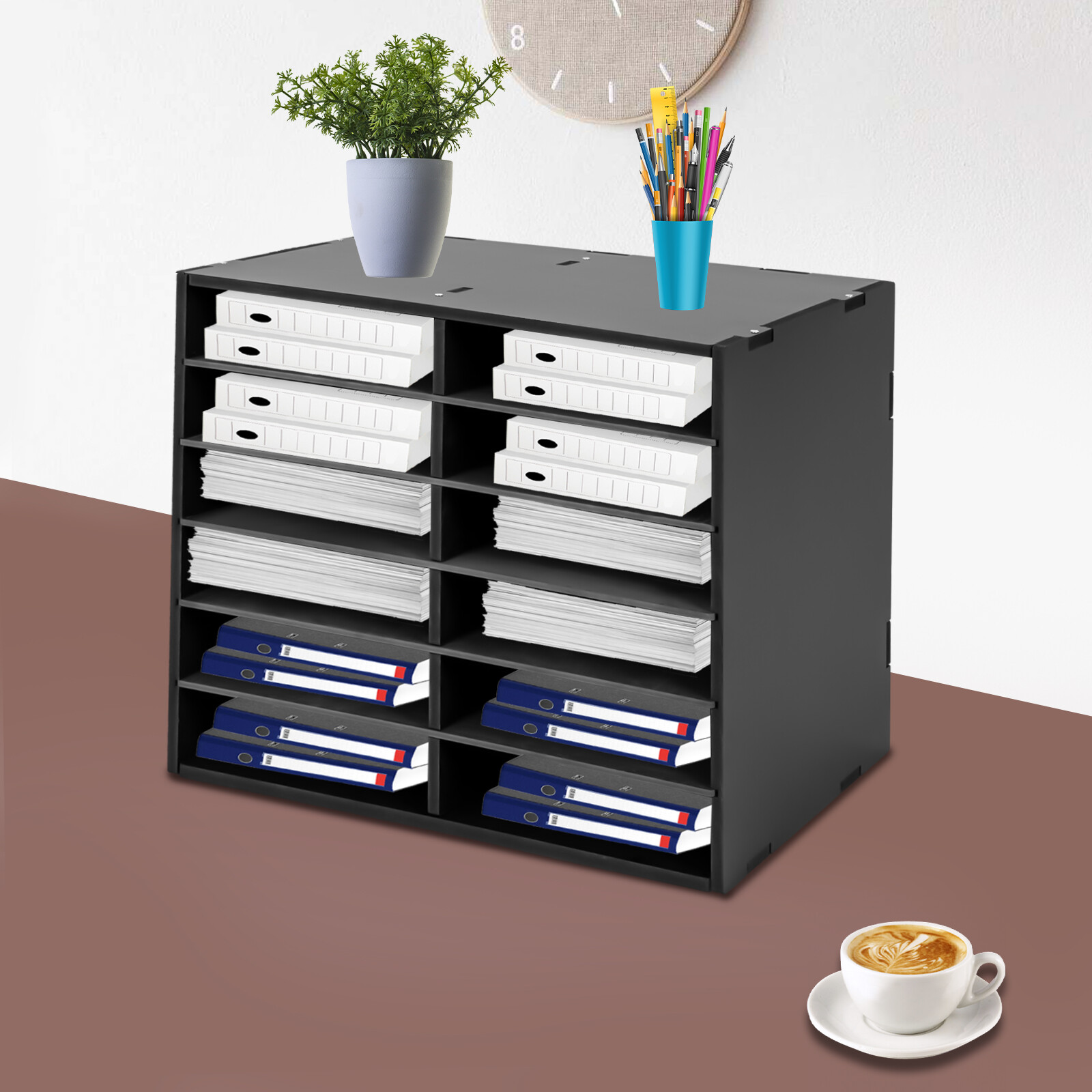 Black Literature Organizer File Sorter Rack Paper Storage Holder 12 Compartments