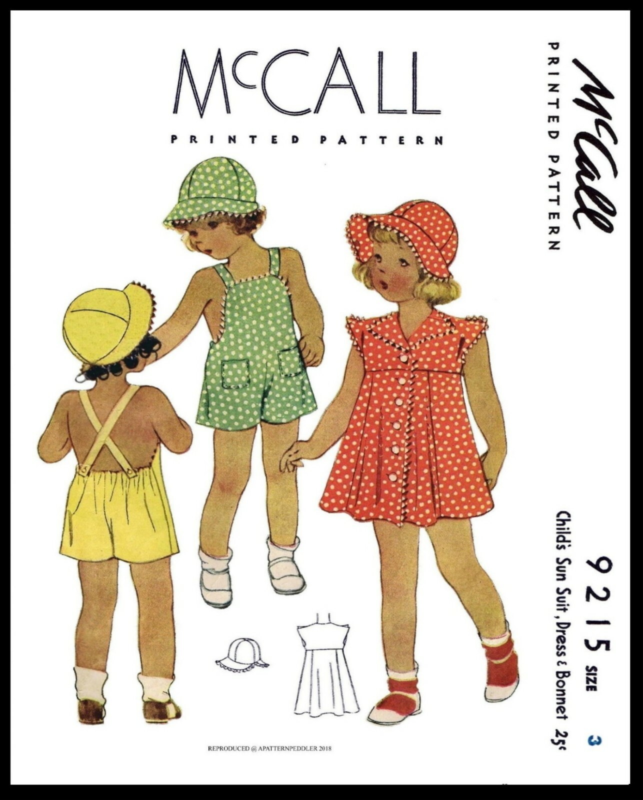 McCall #9215 GIRLS Dress Frock Sunsuit Playsuit Hat Cap Fabric Sewing PATTERN ~3