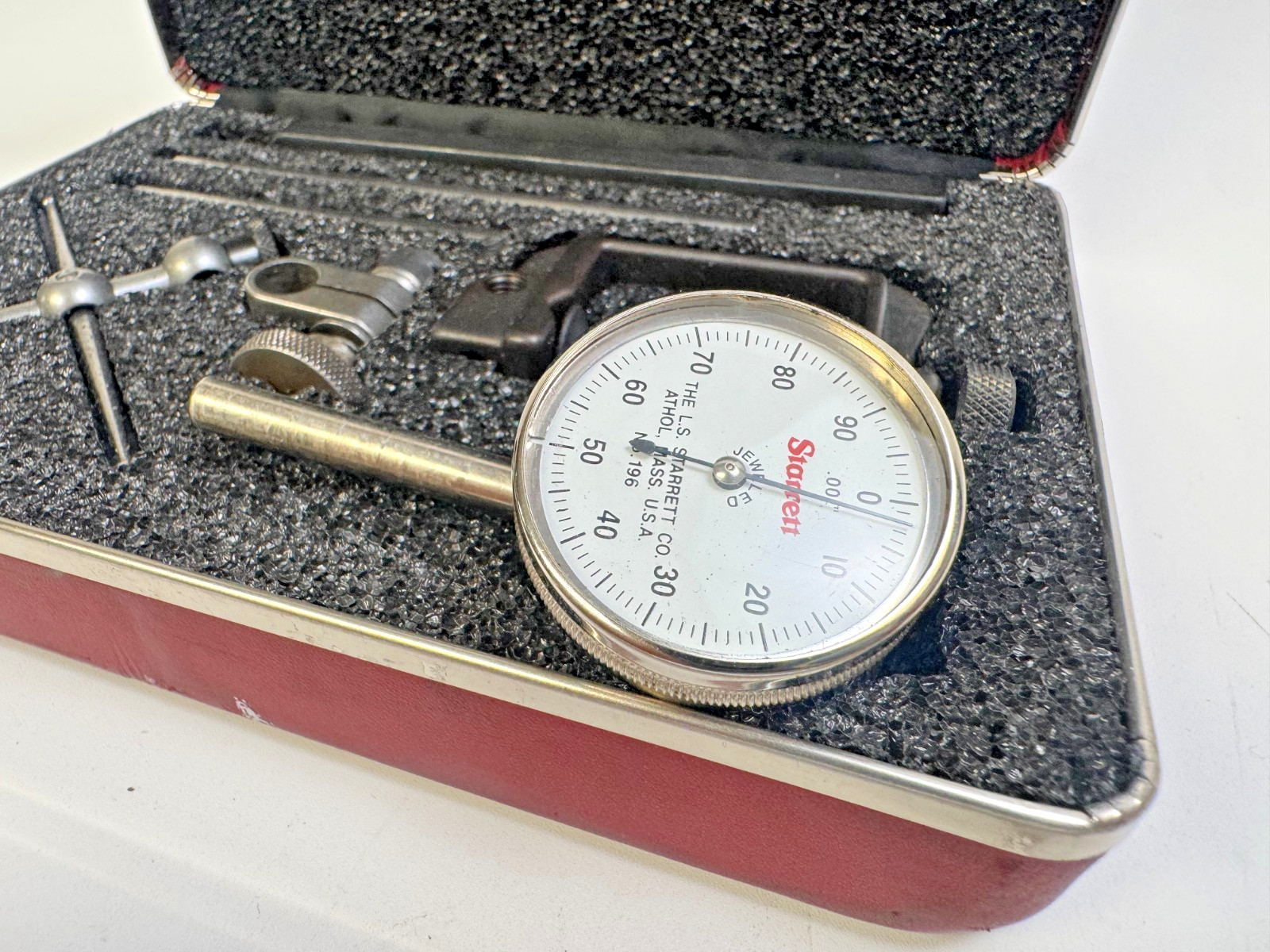 Starrett No. 196 Universal Dial Test Indicator .001" w/Attachments & Case USA